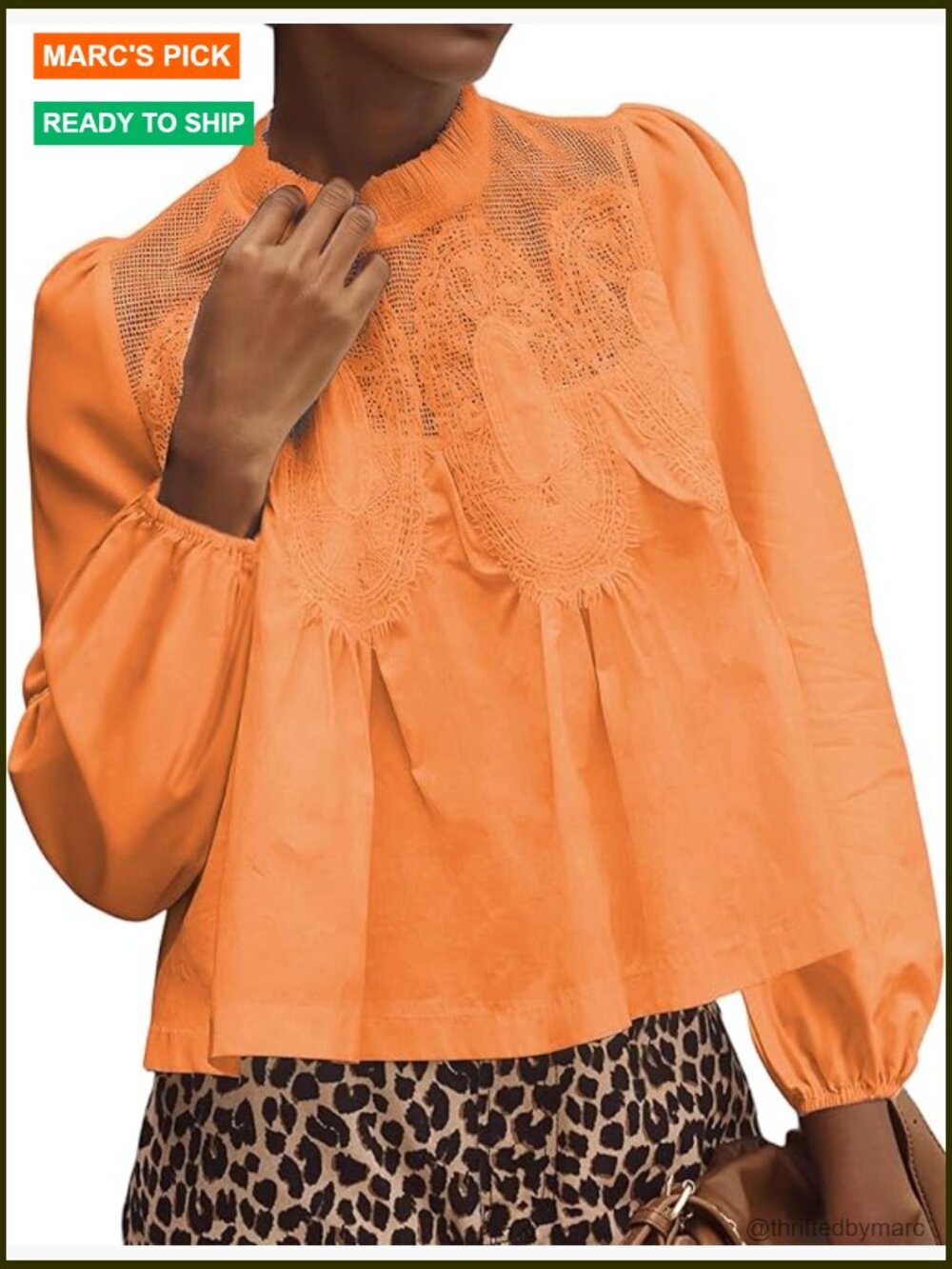 Lace-Detail Long Sleeve Flared Babydoll Top - Crew Neck Blouse